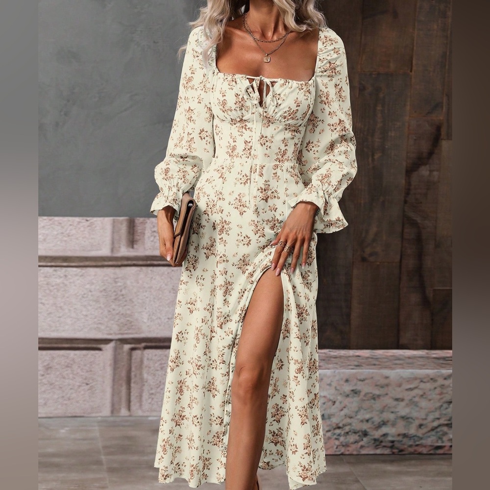 Boho floral ruffle split thigh square neck maxi dress white - Picture 6 of 8